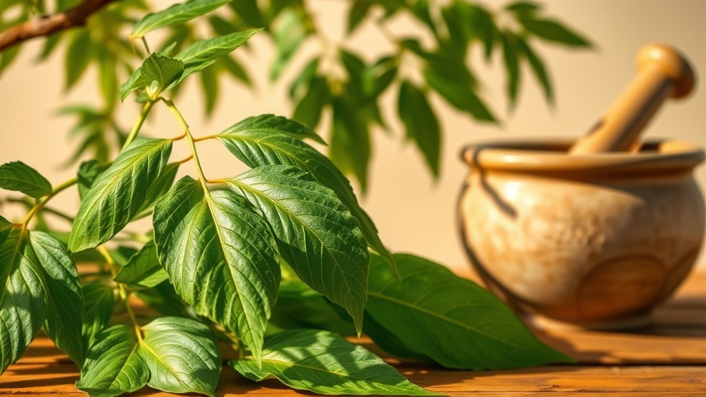 Close-up of fresh moringa leaves on a wooden surface with a mortar and pestle in the background.