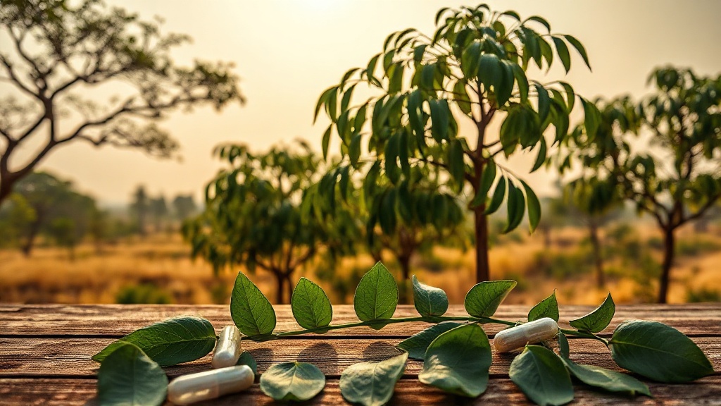 Comparison of moringa forms: powder, capsules, tincture, and standardised extract on a wooden table with green leaves.