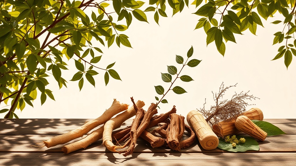Comparison of Moringa oleifera leaves with ginseng root, ashwagandha root, and Rhodiola rosea on a wooden table