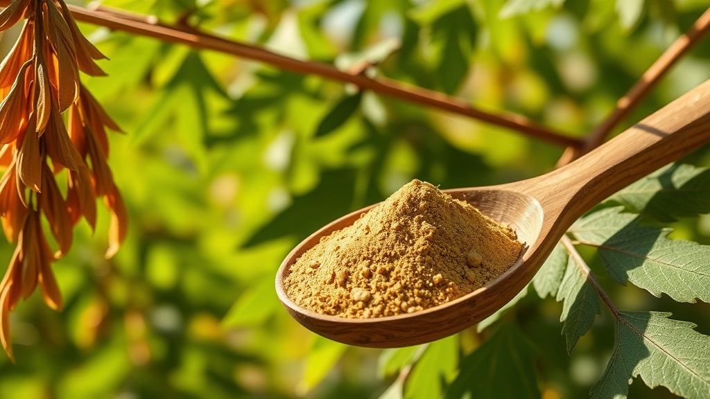 Moringa leaf powder in a wooden spoon with green leaves in background