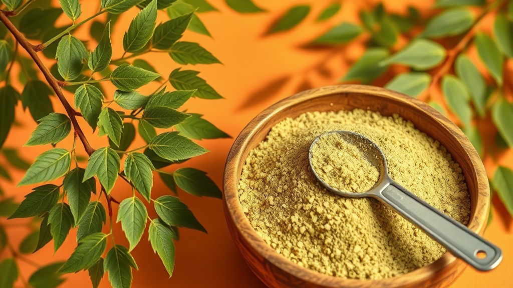 Close-up of fresh moringa leaves and dried leaf powder in a wooden bowl, with a measuring spoon