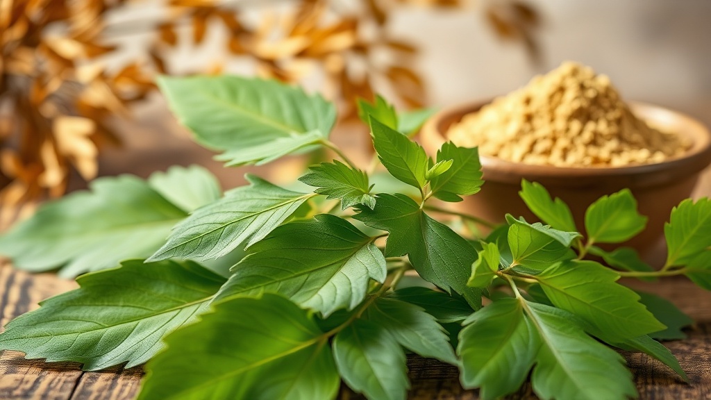 Close-up of fresh green moringa leaves on a wooden surface, with a bowl of dried leaf powder in the background.