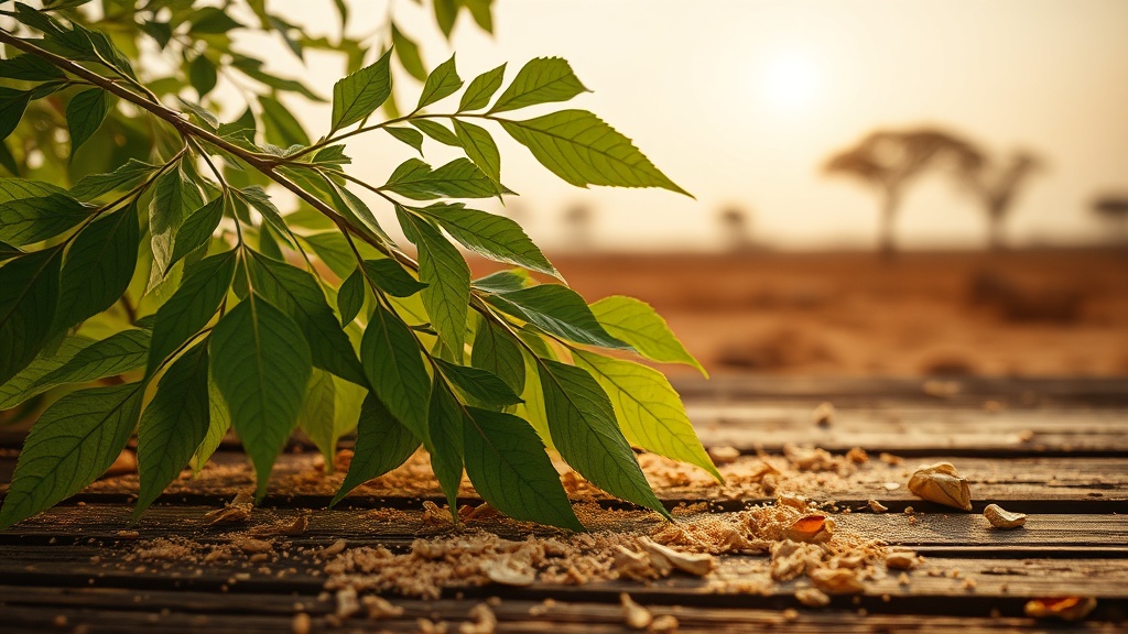 Close-up of fresh green moringa leaves on a wooden surface with scattered dried leaf powder