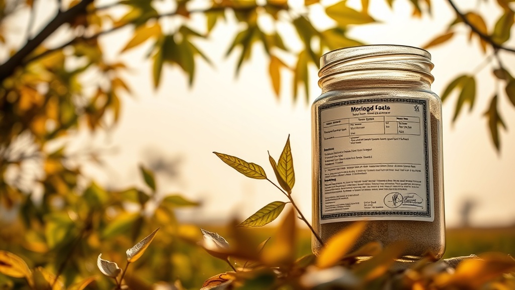 Close-up of dried Moringa oleifera leaf powder in a glass jar with a certificate of analysis in the background.