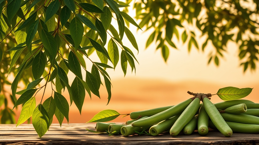 Close-up of fresh Moringa oleifera leaves and green drumstick pods on a wooden surface